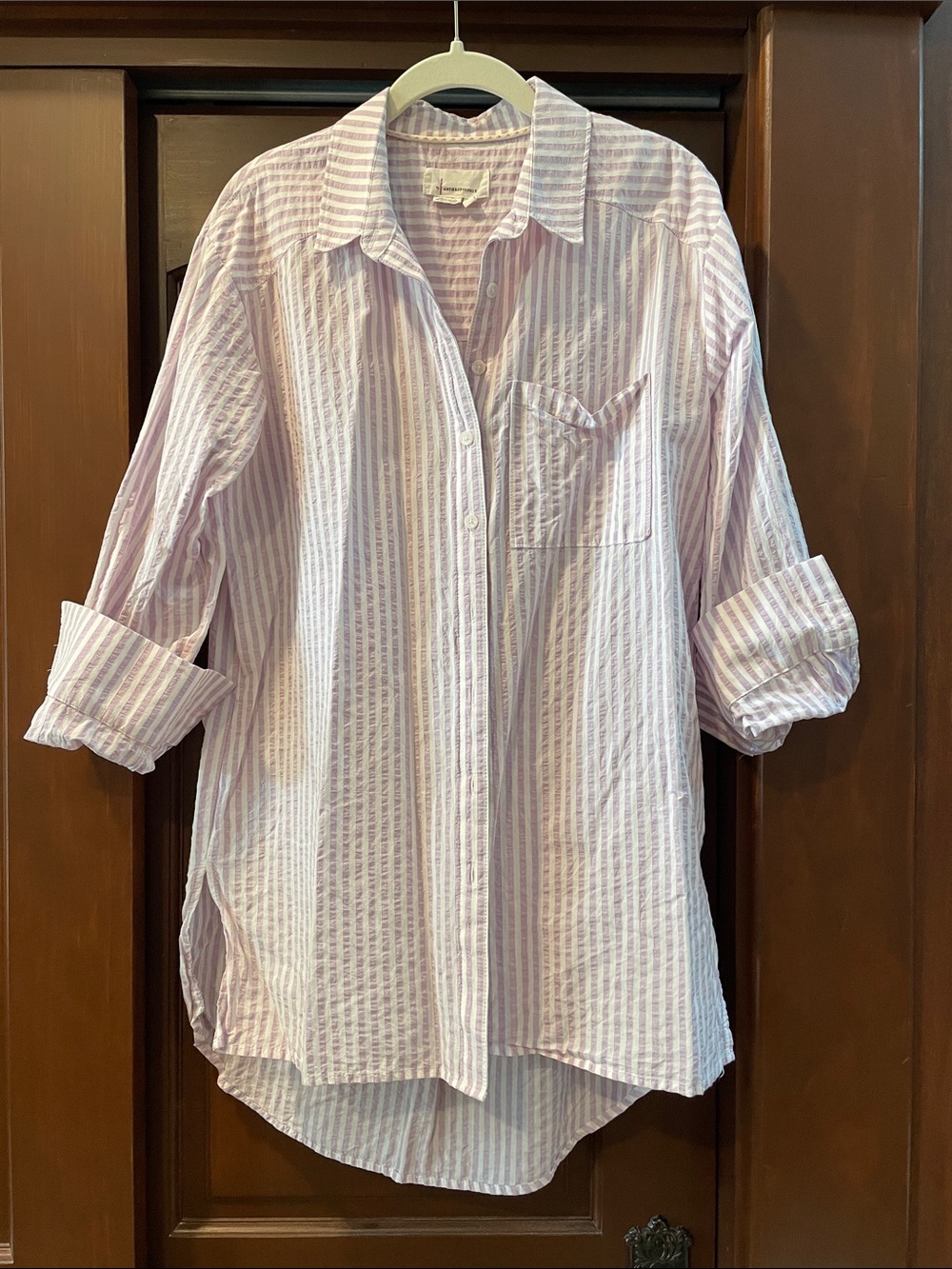 Anthropologie Lavender and White Striped ButtonDown tunic length shirt small